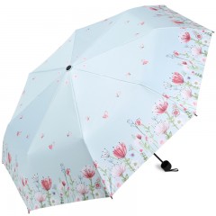 天堂伞 全遮光黑胶转印三折晴雨伞蝶绕芳丛