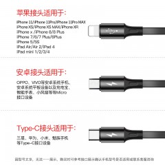 三合一数据线苹果安卓typec一拖三快充iphoneXSMax小米华为平板车载可伸缩手机充电器线12M黑